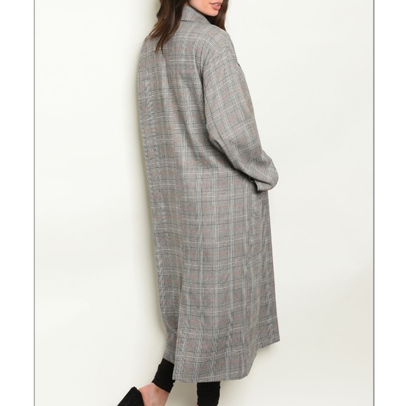 Long sleeve open front checkered long coat - Picture 2 of 3